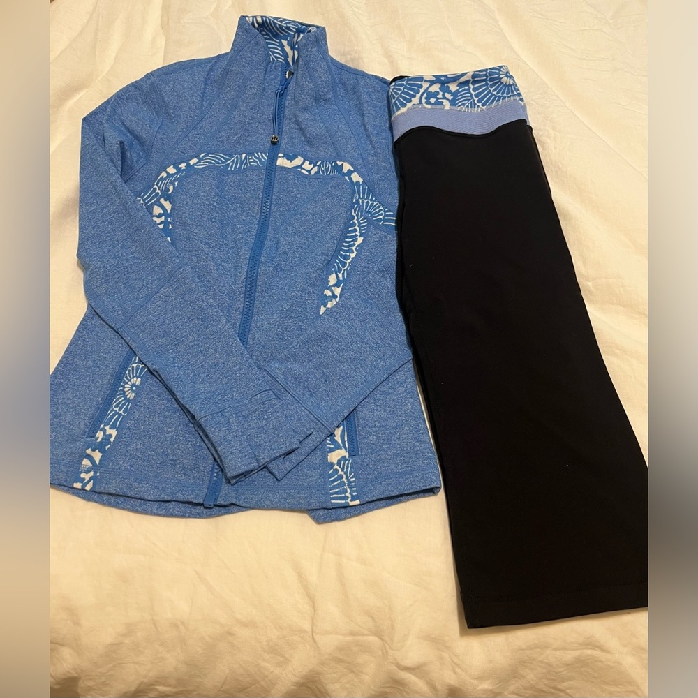 Lululemon  2 piece set  Blue Zip-Up Jacket with Floral Trim and matching capris